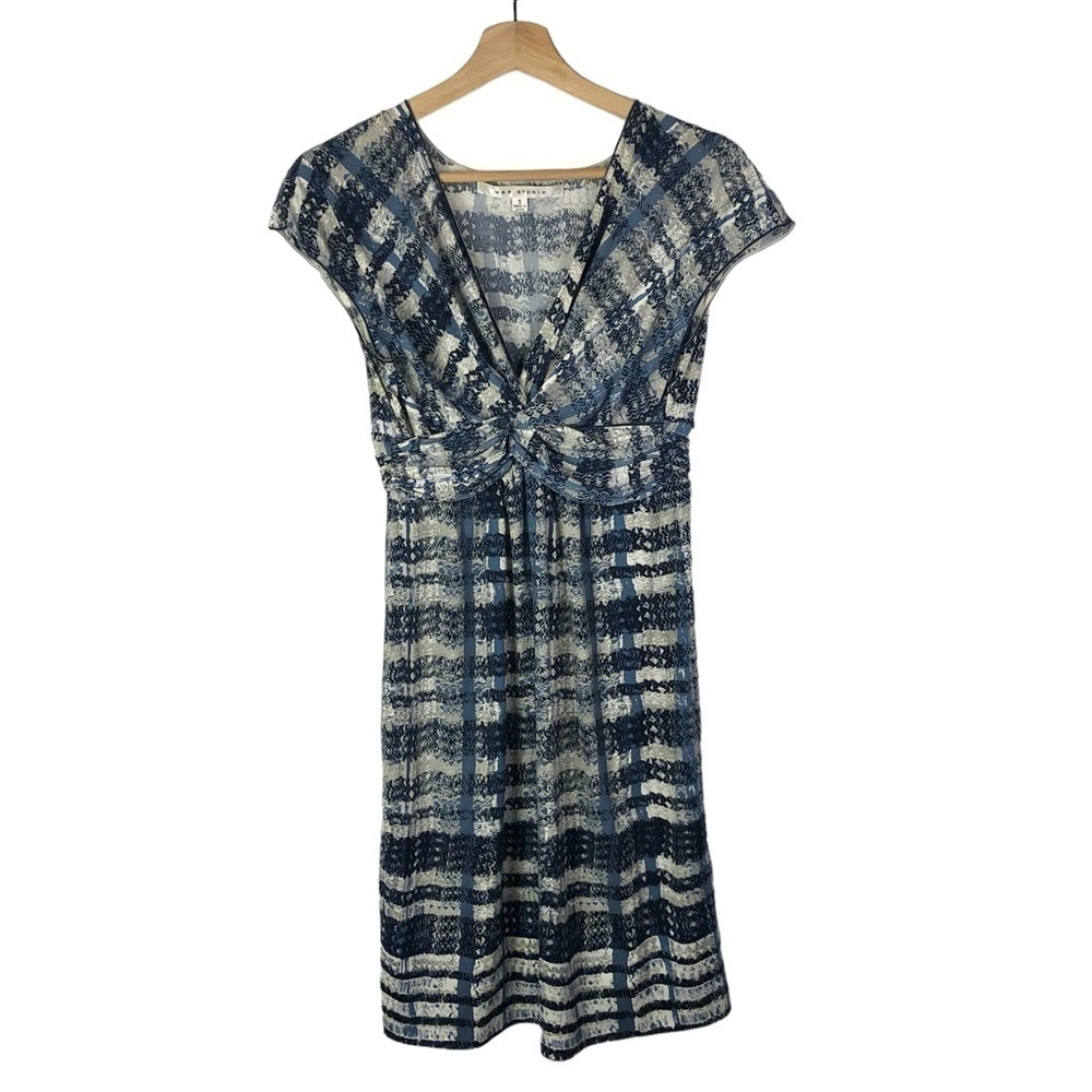 Max Studio Blue & Beige Printed Drape Front Short Sleeve Knee Length Dress S